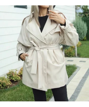 KREM KUŞAKLI ASTARLI KISA TRENÇKOT