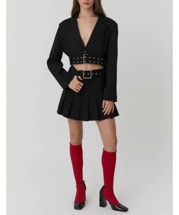 Kemer Detaylı Pileli Mini Etek Siyah