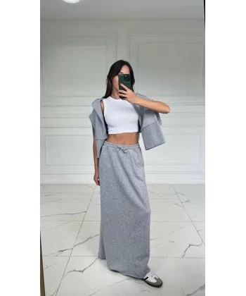 Pamuk Kumaş Yırtmaçlı Uzun Gri Etek