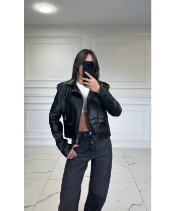 SİYAH FERMUAR DETAYLI DERİ CEKET