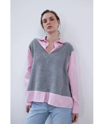 TRİKO GARNİLİ PEMBE ÇİZGİLİ GÖMLEK