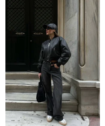 SİYAH ÖRGÜ DESENLİ DERİ CEKET