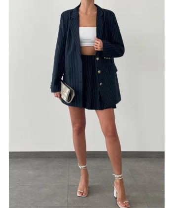 OVERSİZE ÇİZGİLİ POLİVİSKON ETEK CEKET TAKIM LACİVERT