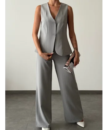 ÇİZGİLİ PAMUKLU YELEK PANTOLON TAKIM GRİ