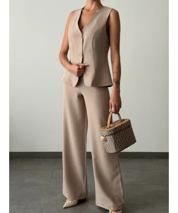 ÇİZGİLİ PAMUKLU YELEK PANTOLON TAKIM VİZON