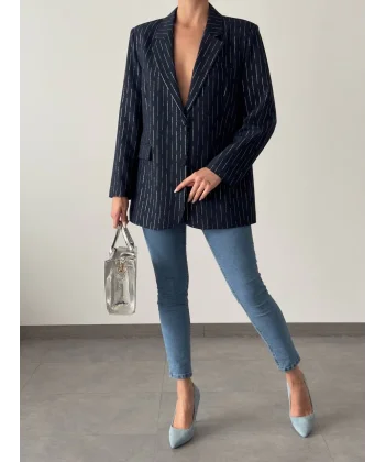 SİM ÇİZGİ DETAY ASTARLI BLAZER CEKET LACİVERT