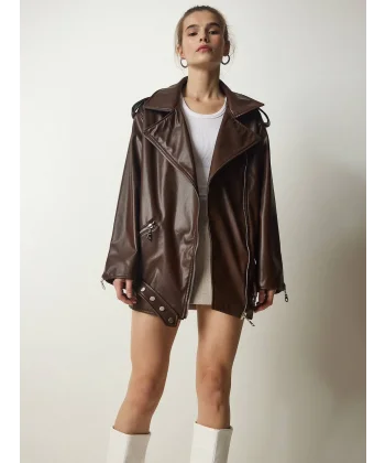 KOL FERMUAR DETAY DERİ CEKET KAHVERENGİ