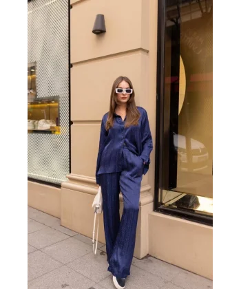 DESENLİ SATEN GÖMLEK PANTOLON TAKIM LACİVERT