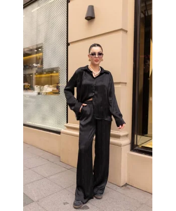 DESENLİ SATEN GÖMLEK PANTOLON TAKIM SİYAH
