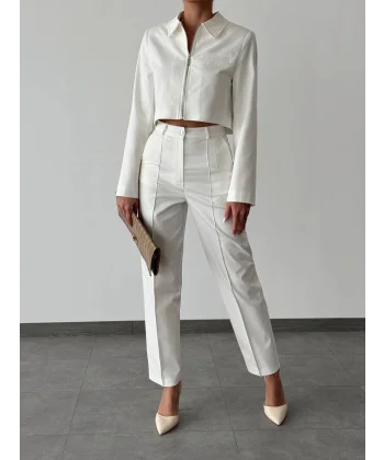 DENİM GABARDİN CEKET PANTOLON TAKIM BEYAZ