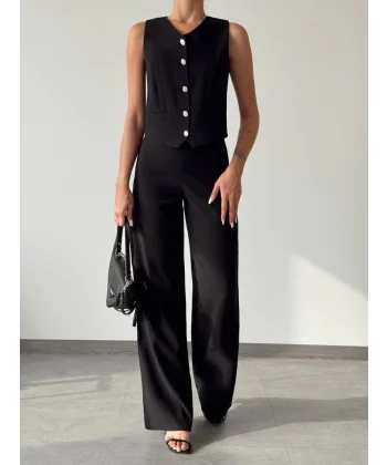 Modal Kumaş Yelek Pantolon Takım Siyah