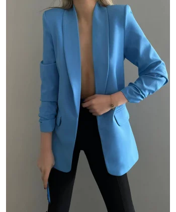Atlas Kumaş Astarlı Büzgü Kol Tam Kalıp Blazer Ceket Mavi