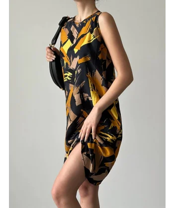 Desenli Çan Elbise Siyah Hardal