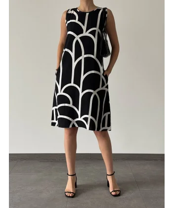 DESENLİ ÇAN ELBİSE SİYAH BEYAZ