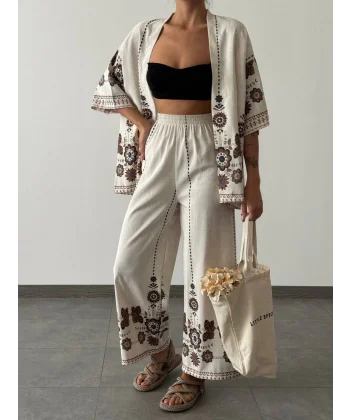 ETNİK DESEN KİMONO TAKIM EKRU