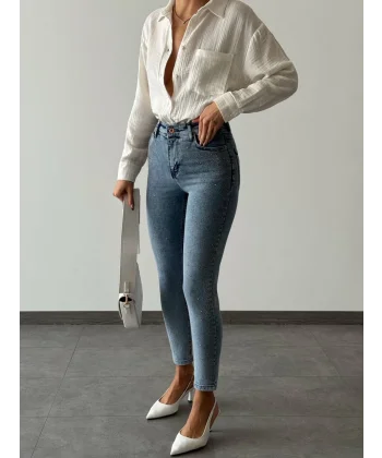 TAŞLI BOYFRİEND KOT PANTOLON MAVİ