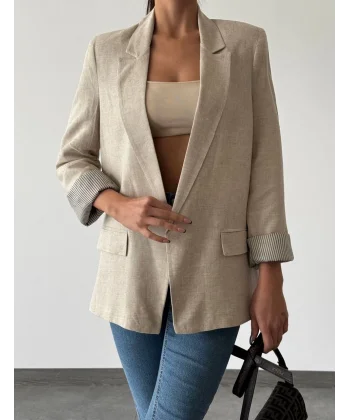 KRUVAZE KOLU KATLI KETEN CEKET EKRU