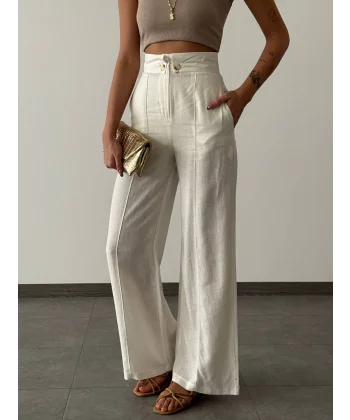 BEL DÜĞMELİ KETEN PANTOLON EKRU