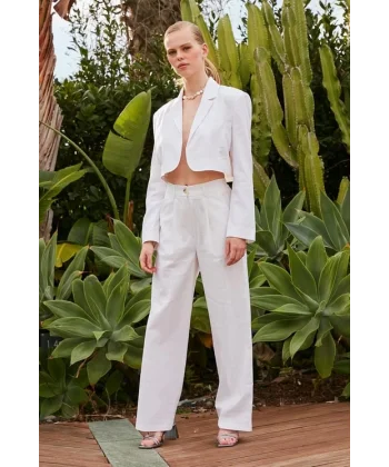 Premium Seri Beyaz Keten Crop Ceket Pantolon Takım