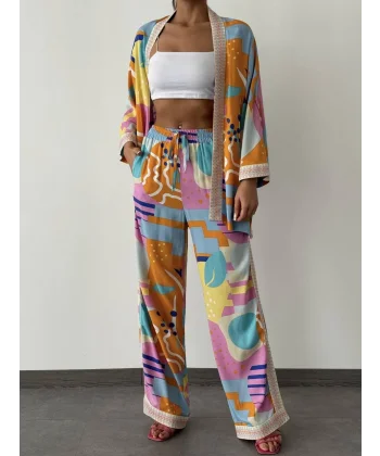 Beli Lastikli Renkli Desenli Pantolon Turuncu