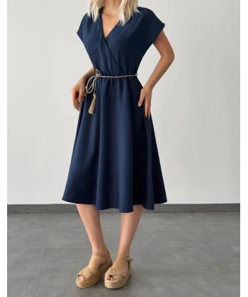 HASIR BAĞLAMALI MİDİ BOY ELBİSE LACİVERT