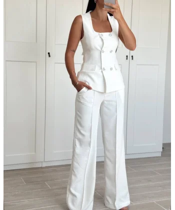 TAŞ DÜĞME BEYAZ YELEK PANTOLON TAKIM