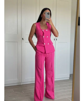 GOLD DÜĞME FUŞYA YELEK PANTOLON TAKIM