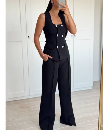 Siyah Taş Düğme Yelek Pantolon Takım