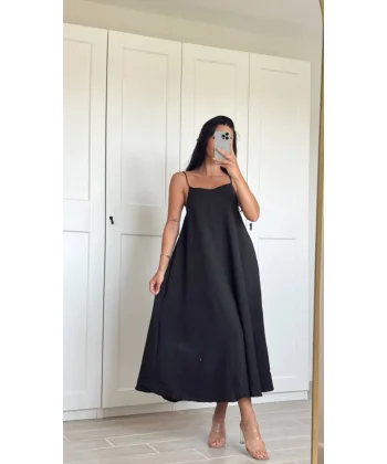 ASKILI UZUN KETEN ELBİSE SİYAH