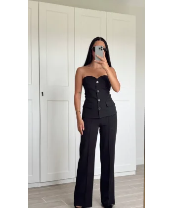 Premium Straplez Yelek Pantolon Takım-Siyah