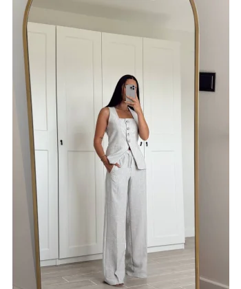 GRİ KETEN YELEK PANTOLON TAKIM