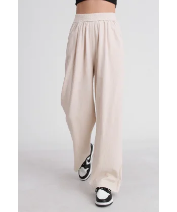 BELİ LASTİKLİ KETEN PANTOLON EKRU