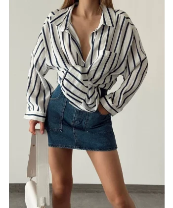 LACİVERT ÇİZGİLİ OVERSİZE GÖMLEK BEYAZ