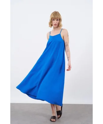 İNCE ASKILI UZUN KETEN ELBİSE SAKS MAVİ