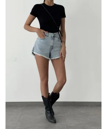 PAÇALARI PÜSKÜLLÜ KOT ŞORT MAVİ