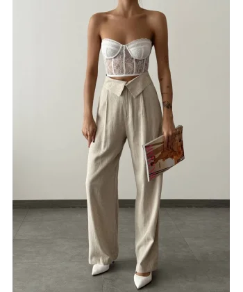 QUZU Bel Detaylı Bol Paça Keten Pantolon Naturel