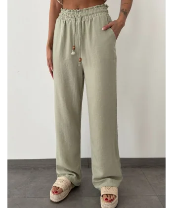 BELİ LASTİKLİ KETEN PANTOLON YEŞİL