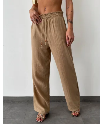 BELİ LASTİKLİ KETEN PANTOLON KAHVE