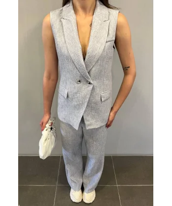 KRUVAZE YAKA KETEN YELEK PANTOLON TAKIM GRİ