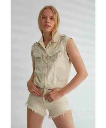 ROBİN TAŞ PÜSKÜLLÜ DENİM YELEK EKRU