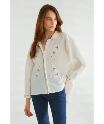 ROBİN İŞLEMELİ KETEN GÖMLEK EKRU