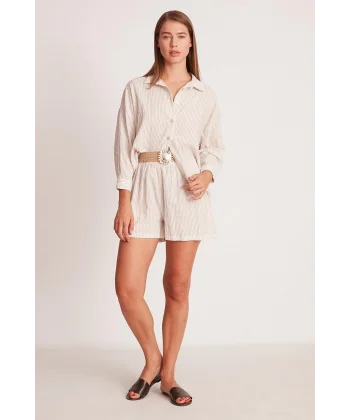 PREMİUM SERİ ÇİZGİLİ KEMERLİ ŞORT TAKIM-KAHVE