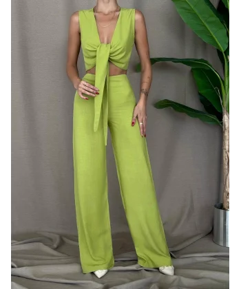 ÖNDEN BAĞLAMALI BLUZ PANTOLON KETEN TAKIM KİVİ