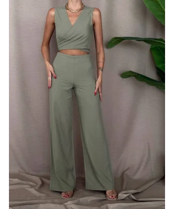 ÖNDEN BAĞLAMALI KETEN BLUZ PANTOLON TAKIM HAKİ