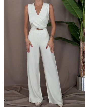 ÖNDEN BAĞLAMALI BLUZ PANTOLON KETEN TAKIM EKRU