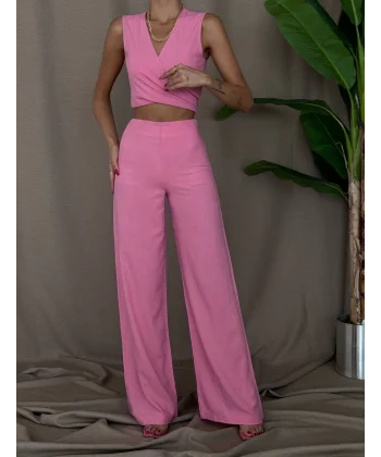 ÖNDEN BAĞLAMALI KETEN BLUZ PANTOLON TAKIM PEMBE