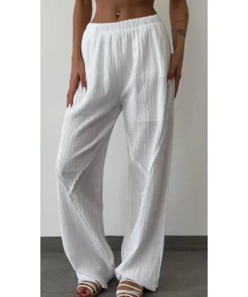 MÜSLİN KUMAŞ ASTARLI BEYAZ PALAZZO PANTOLON