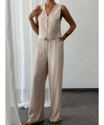 KETEN YELEK PANTOLON TAKIM BEJ