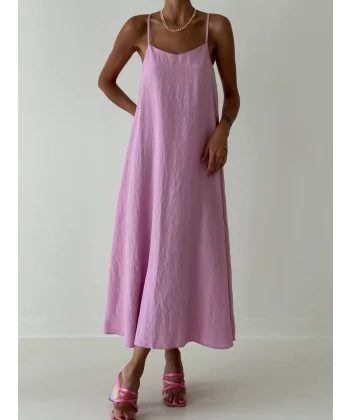 İNCE ASKILI UZUN PEMBE KETEN ELBİSE