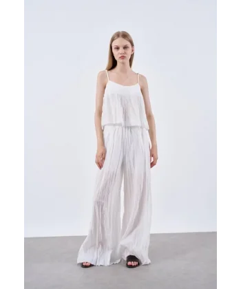 KETEN BLUZ PANTOLON KIRIŞIK TAKIM BEYAZ